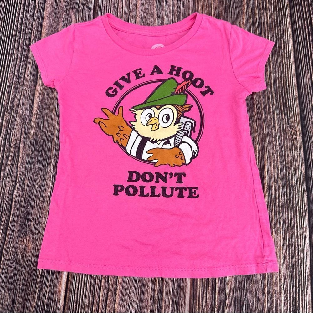 Girls Size Med 7/8 Youth Pink Give a Hoot Don’t Pollute Tee‎ Owl Shirt Wildlife